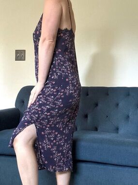 Lush navy blue floral midi slip dress with pink & white flowers
